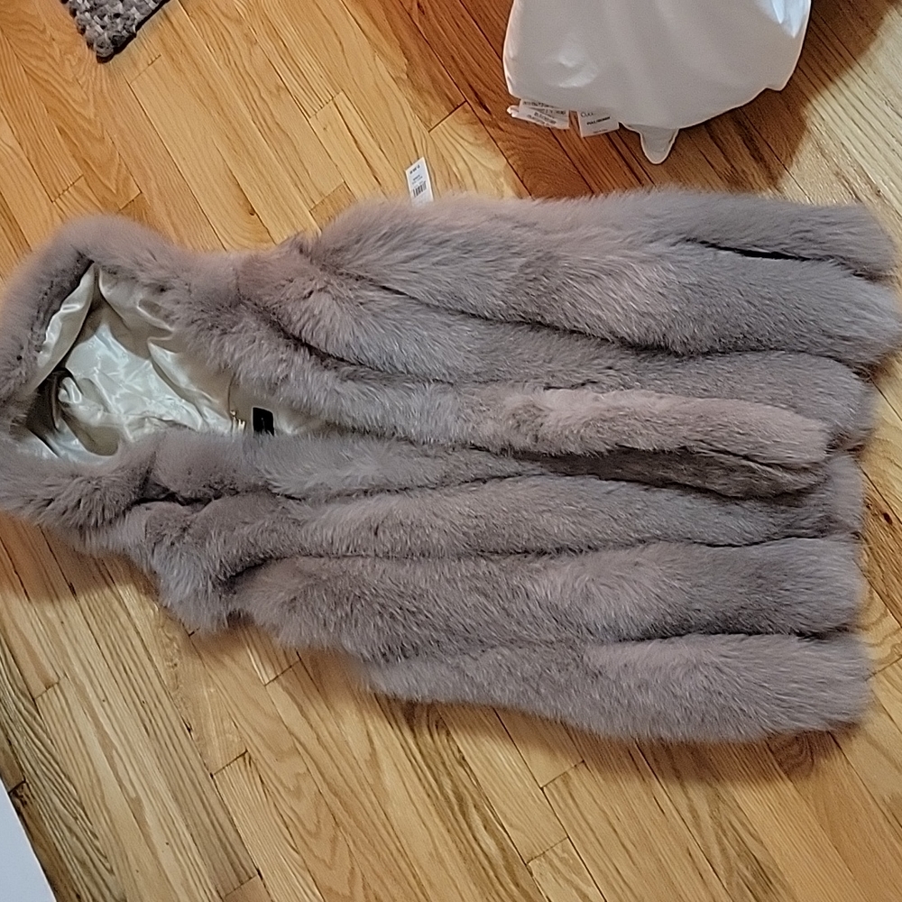 Belle fare hooded tan taupe real fox fur dyed vest M